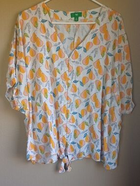 Dip Pear Novelity Print Spring Cotton Button Front Short Sleeve Shirt Size 3X